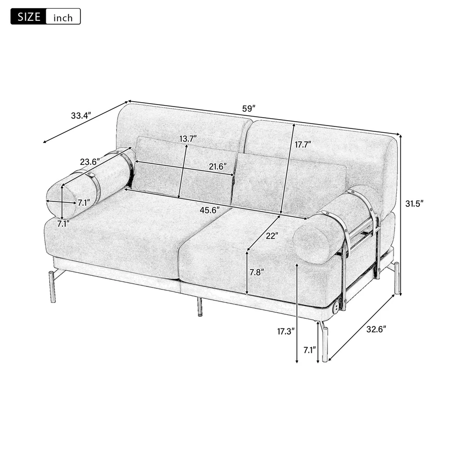 Современный двухместный диван 59 дюймов диван диван 2-местный диван с гибкими USB-портами уникальный - Изображение 2 из 4