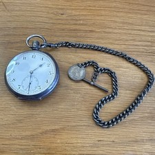 Silver .925 Buren Pocket Watch Albert Chain One Dime 1882 Hallmarks Dennison