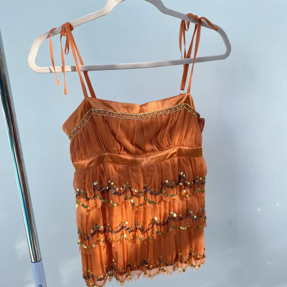Y2K Bebe 100% Silk Orange & Gold Sequin Tiered Fairy Top Size XS - Image 2 of 4