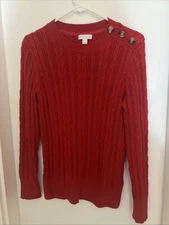 Women’s Charter Club Red Cable Knit Sweater Cotton Blend Crewneck Long Sleeves