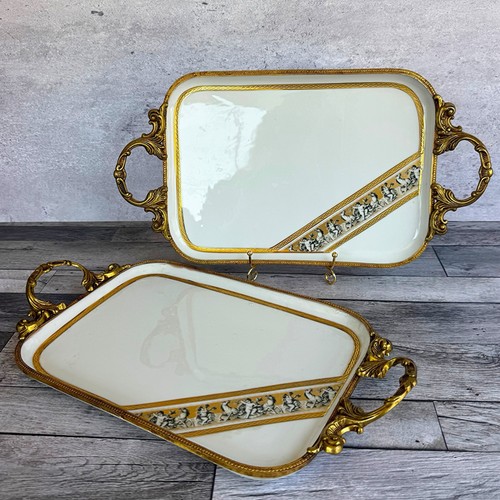 Pair L’Etoile Limoges France Porcelain Serving Trays Bronze Cherubs Gilt