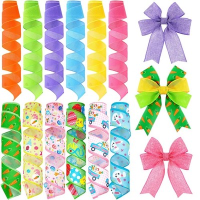 12 Rolls Easter Wired Edge Ribbon for Wreaths 2 Inch x 60 Yards Easter Egg Bunny