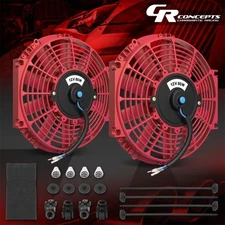 2 X UNIVERSAL SLIM 10" PULL/PUSH ELECTRIC RADIATOR COOLING FAN+MOUNTING KIT RED