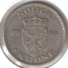 1955 Norway Circulated Haakon VII Crowned Monogram & Value 1 Krone Coin!