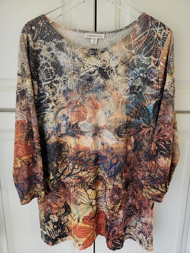 Coldwater Creek Blouse Plus Size 1X 16W 18W Coral Gray Blue Floral 3/4 Sleeve - 第 2/10 張圖片
