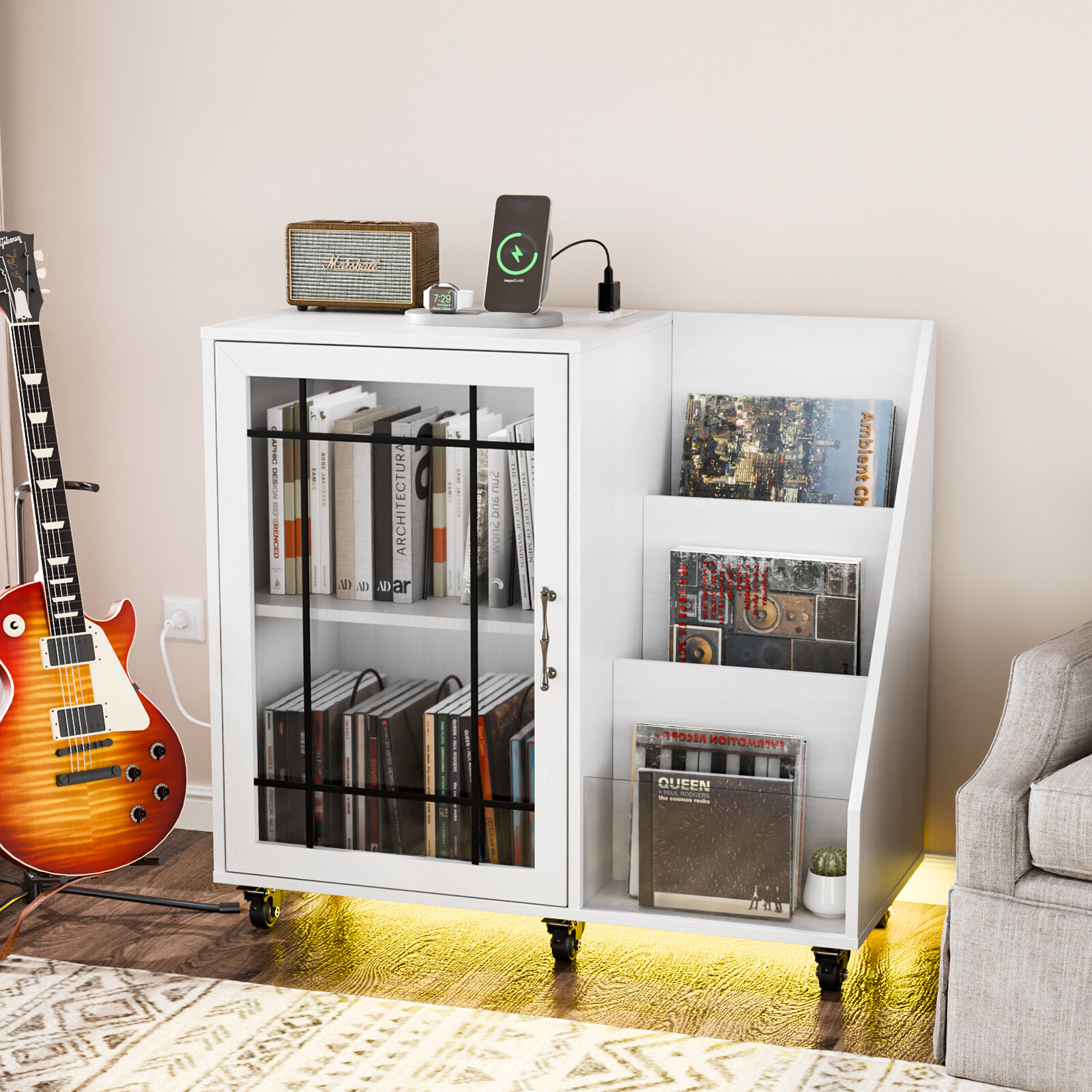 Vinyl Record Player Stand with Storage for 350 Albums & LED Lighting-image