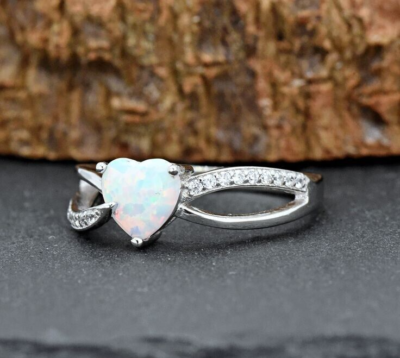 Simulated Opal Moissanite Engagement Ring For Women's In Pure 10K White  Gold