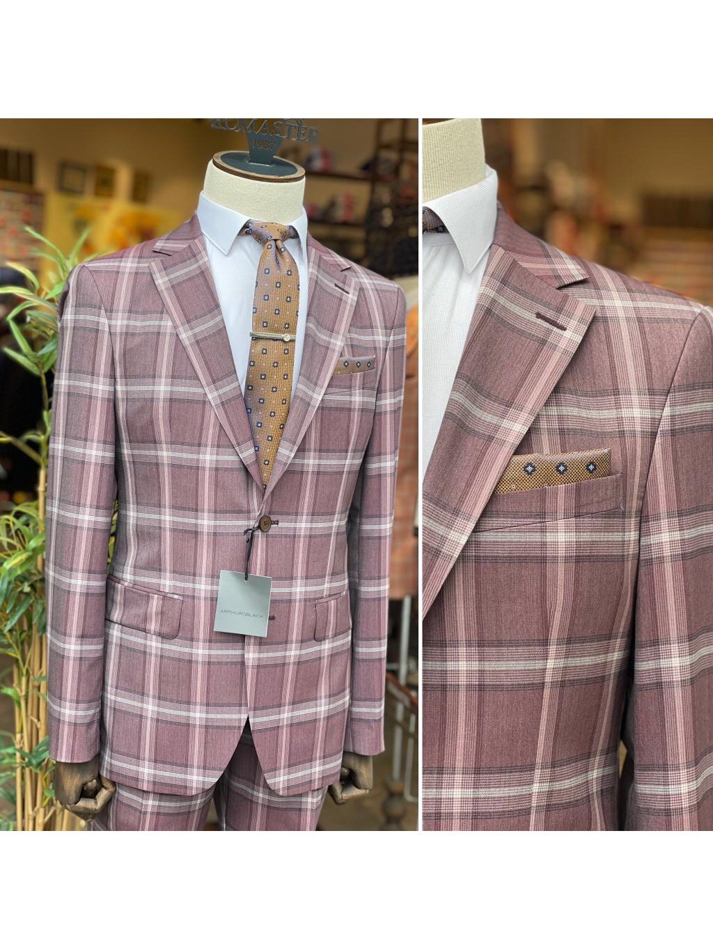 Мужской приталенный костюм Arthur Black в клетку бордового цвета из 100% шерсти VBC с отделкой