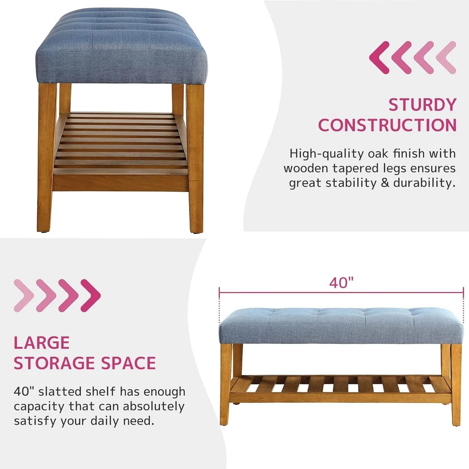 Acme Charla Wood and Fabric Bench in Blue and Oak, Wood - Image 3 of 4