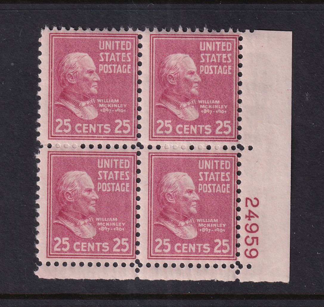 1938 William McKinley 25c PREXY Sc 829 MNH plate block of 4