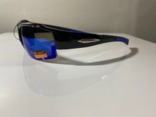 Men's wrap around sunglasses with black frame and blue lenses
