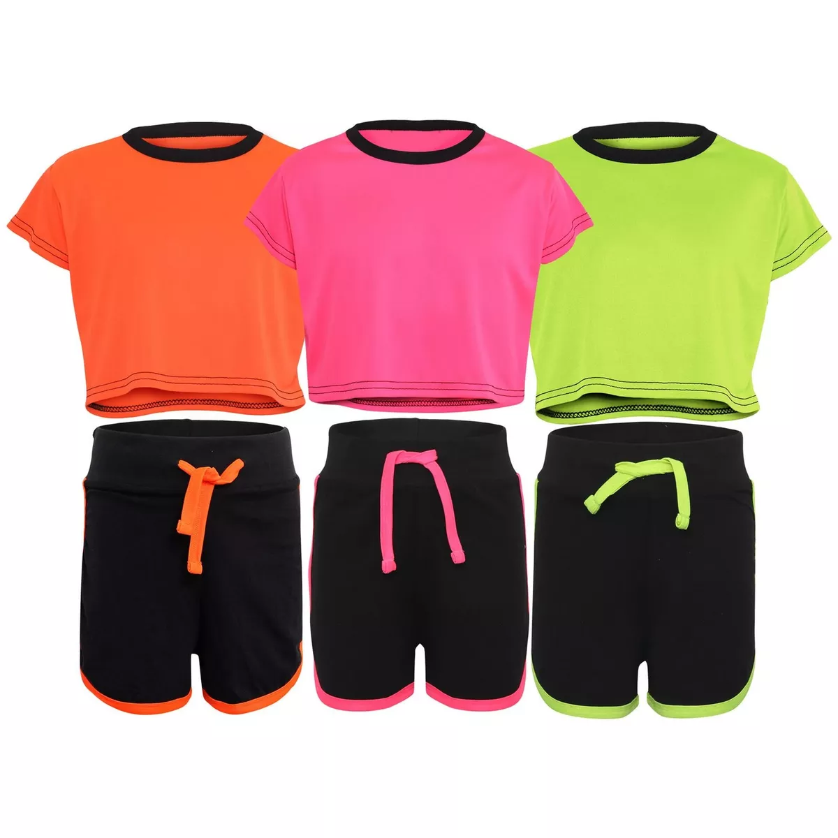 Kids Black Neon Crop Top And Shorts Set Active Wear Summer Girls