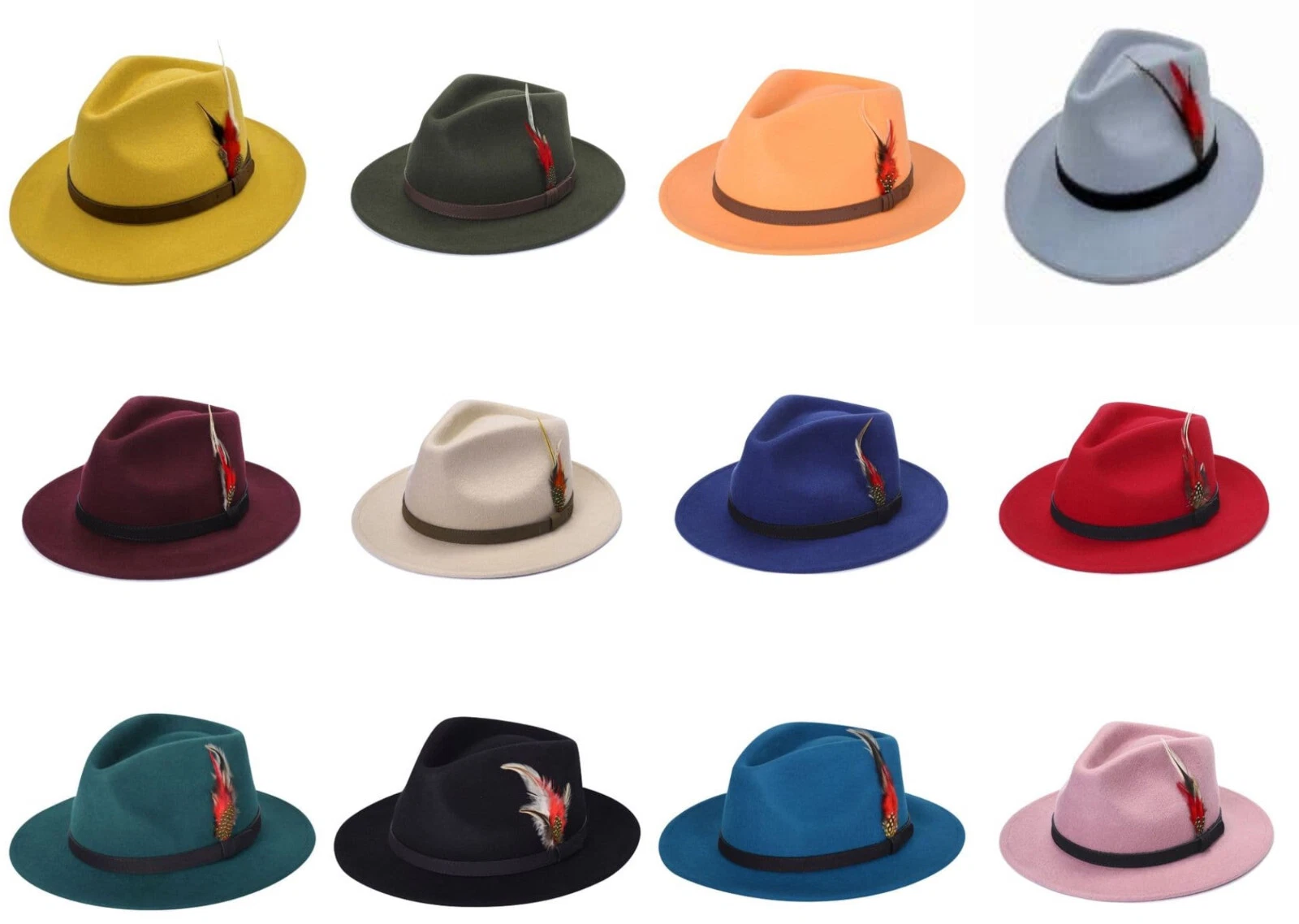 Unisex Wool Fedora Wide Brim Hats with Feather Hand Made 5 Sizes Available
