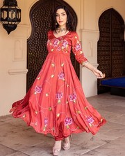 indian bollywood designer anarkali dresses/ Handpainted Silk Anarkali Size- XL
