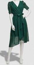 Tommy Hilfiger Womens' Green Glitter-Dot Puff-Sleeve Midi Dress Size 12
