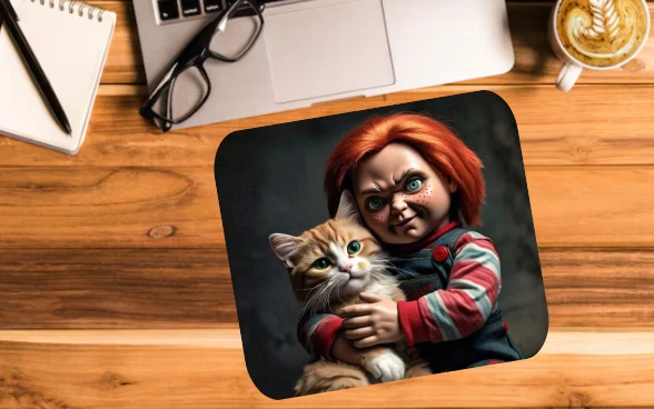 CHUCKY CUDDLING A CAT MOUSEPAD MOUSE PAD THICK 9" X 7" - Image 3 of 4