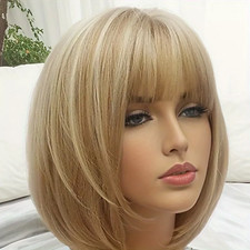 Short Straight Bob Hair for Women Party Gold Blonde Synthetic Wigs with Bangs