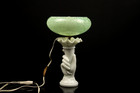 Lampe Art Déco France 1950 - Main opaline blanche - Globe Ouraline marbré - B22