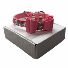 Pink Crystal Dog Cat Collar Rhinestone Bow Faux Suede Puppy XS Silver Buckle New