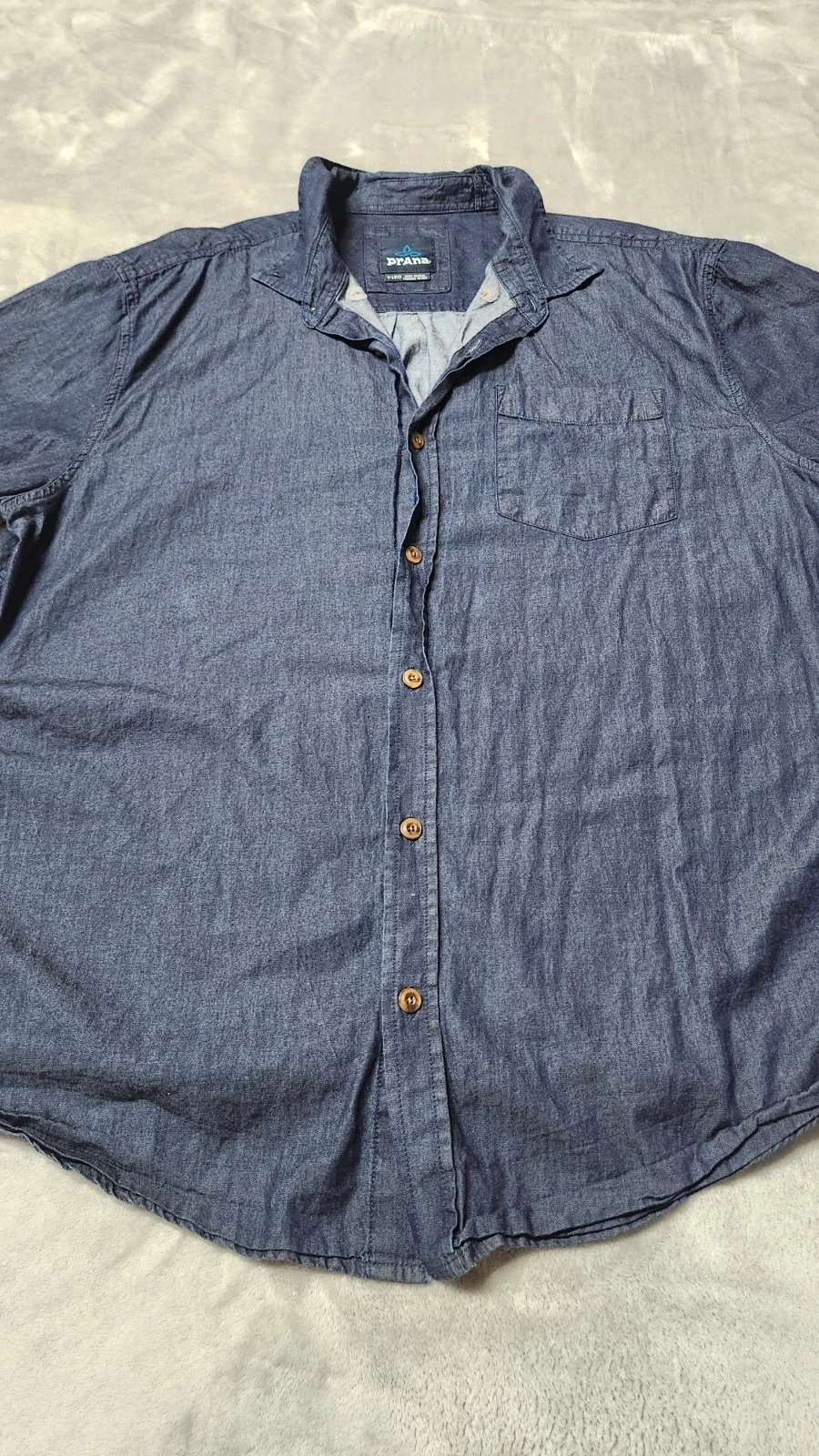 prAna Mens XL Short Sleeve Navy Blue 100% Organic Cotton Button Up Shirt