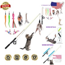 Retractable Cat Wand Toy: Interactive Fishing Rod, 8 Pcs Plush Feather Refills