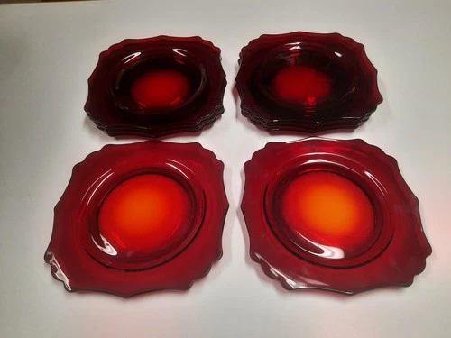 Set Of 8 💖VTG Ruby Red Depression Glass Salad Plates Scalloped Edges