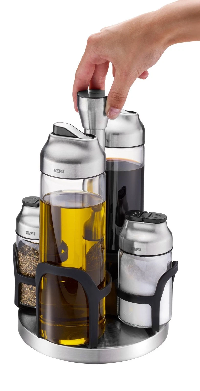 Gefu Kippo Vinegar-Oil and Spice Cruet Stand 23.6cm H 14.8cm Dia Transparent, Si
