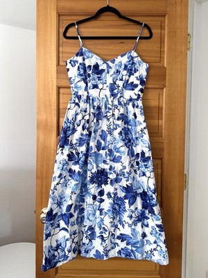 H&M Women s Blue White Floral Linen Blend Smocked Midi Dress Size Medium