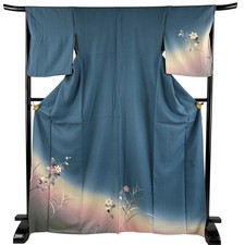 Silk M Kimono Gray Blue 167cm Length Used Signed Flowers Gold Color