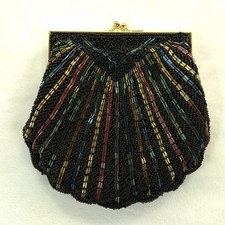 Vtg Beaded Evening Purse Black Multicolor Bugle Beads Sunburst Chain Bag
