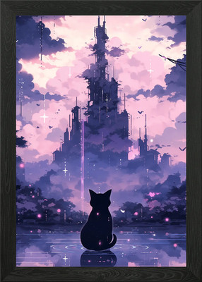 Gerahmtes Wandbild Poster Leinwanddruck Bild Katze blickt auf Fantasy City
