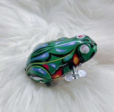 Vintage 1950s Tin Litho Green Colorful Windup Jumping Frog Toy Made In Japan