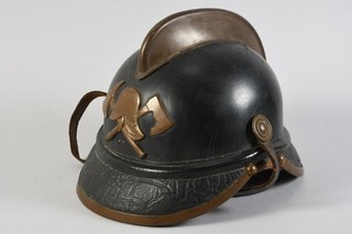 Q60E12 Alter Feuerwehr Helm mit Messing Appliken Größe 54 ua Leder 19./20.Jh
