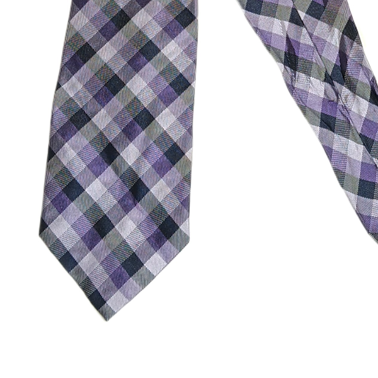 DKNY Mens 62 Inch Purple Black Gingham Plaid Silk Tie Preppy Western Style