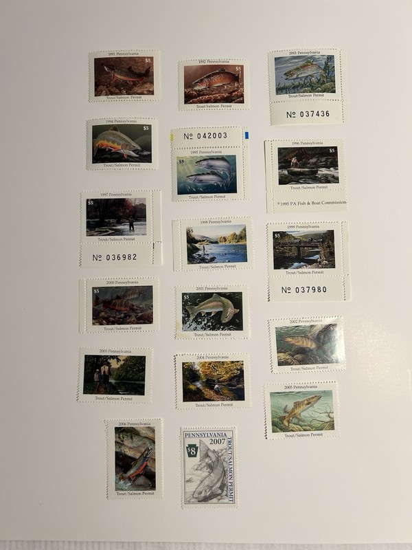 Vintage 1991-2007 Lot Of 17 Pennsylvania Trout/Salmon Fishing Permit Stamps