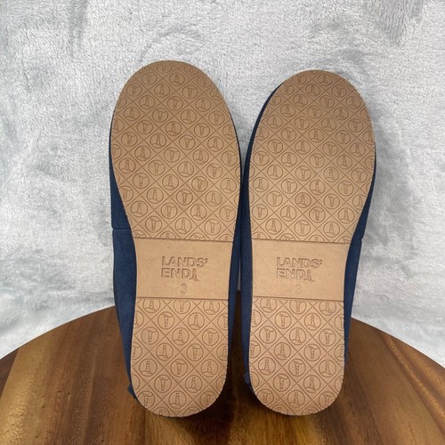 Lands' End Slippers Boys 3 Navy Suede Leather Faux Fur Lined Moccasin Youth Kids - Picture 8 of 12