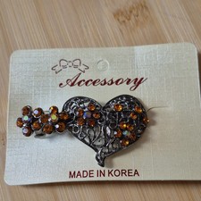 Filigree Heart Hair Barrette Amber Orange AB Rhinestone Gunmetal Tone Clip