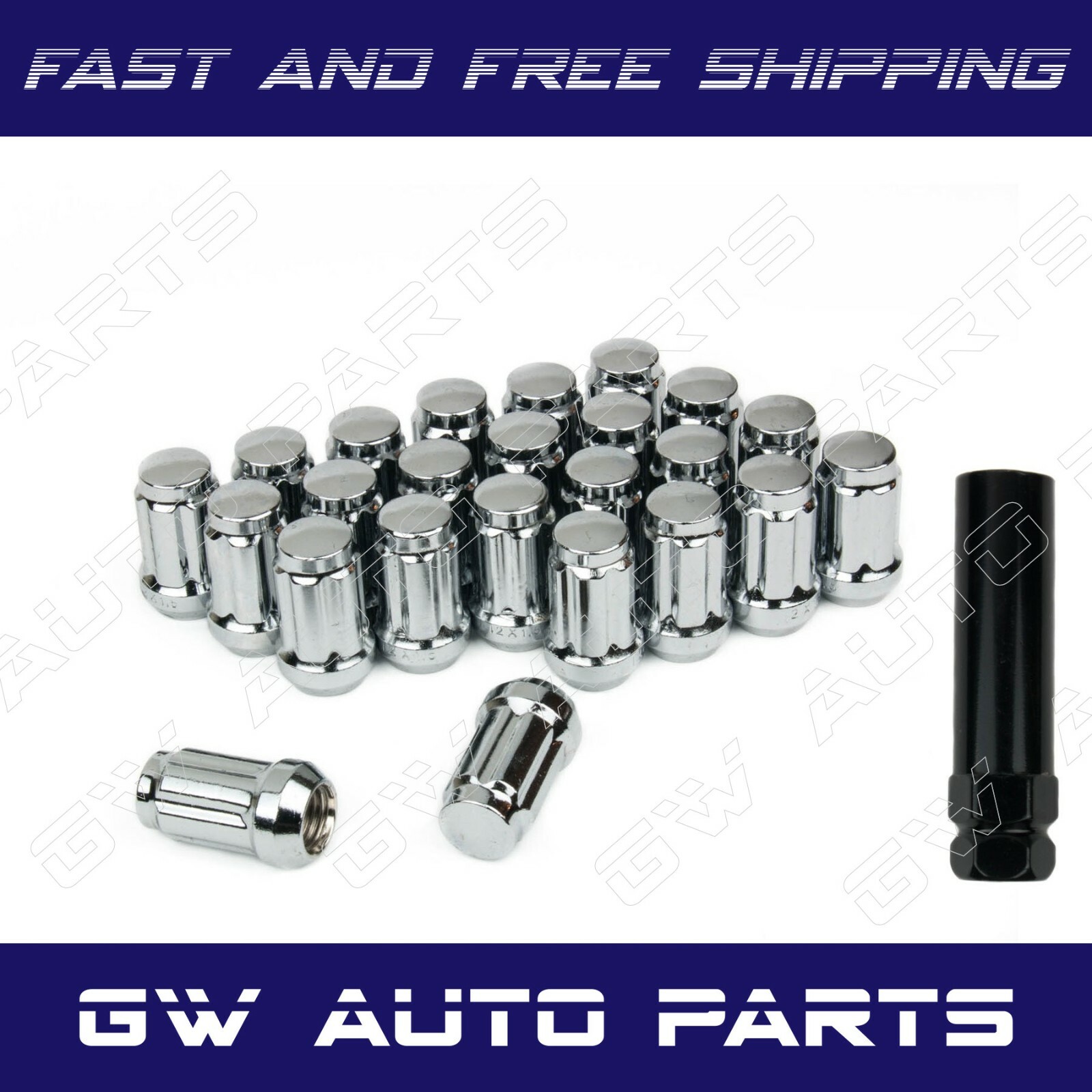 24 PCs Chrome Spline Lug Nuts With Key 7/16" Cone Seats Long Closed End  