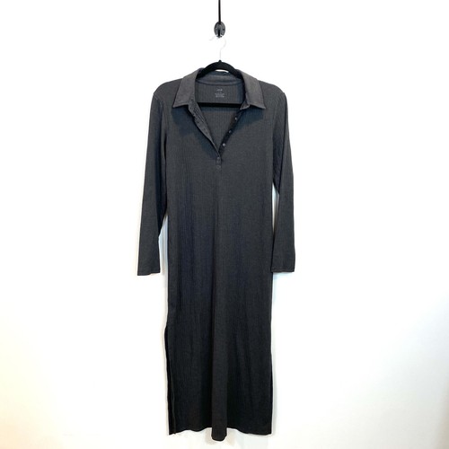 NWT Aerie Rib Knit Collar Women Long Sleeve Side Slit Midi Gray Dress Large