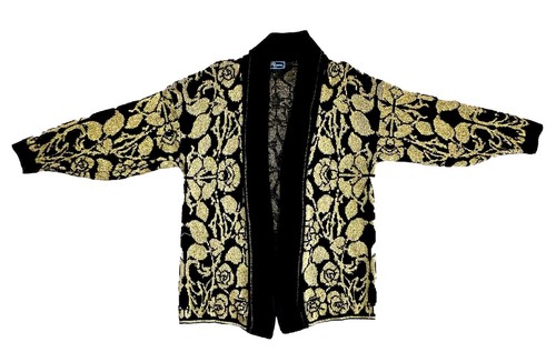 Vintage JJ Browne Sweater Metallic Gold Black Open Front Cardigan USA Size XL