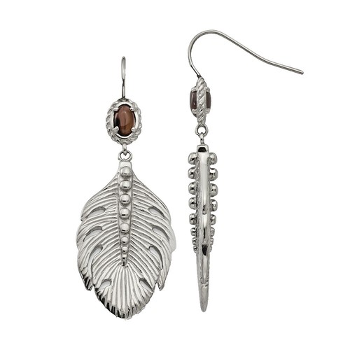 Boucles D'Oreille LUCLEON En Acier Argenté - Pendentif Plume Et Chaîne /EBPV