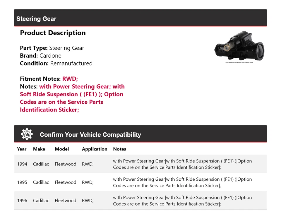Для 1994-1996 Cadillac Fleetwood RWD руль Cardone 1995 - Изображение 2 из 4