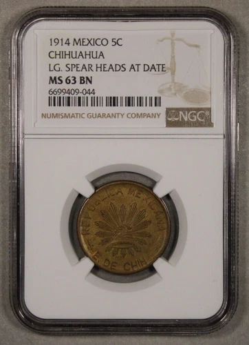 1914 Chihuahua Mexico 5 Centavos Large Spear Heads NGC MS63 BN
