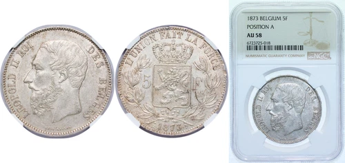 Belgium 1873 5 Francs Silver 900 NGC AU 58