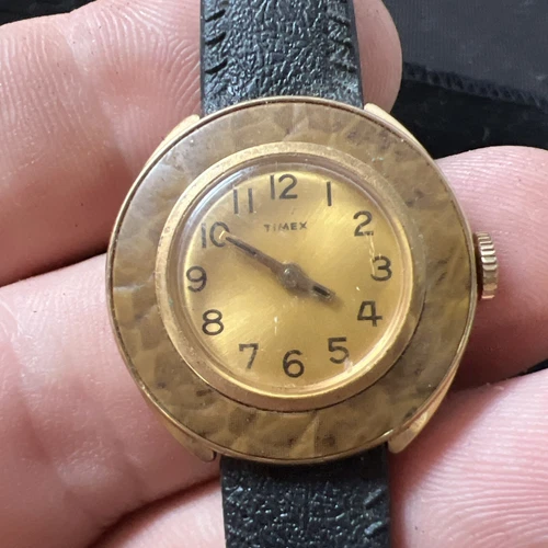 Vintage Timex Self Wind Watch UFO Dome Retro Funky 1970s Gold Tone Womens