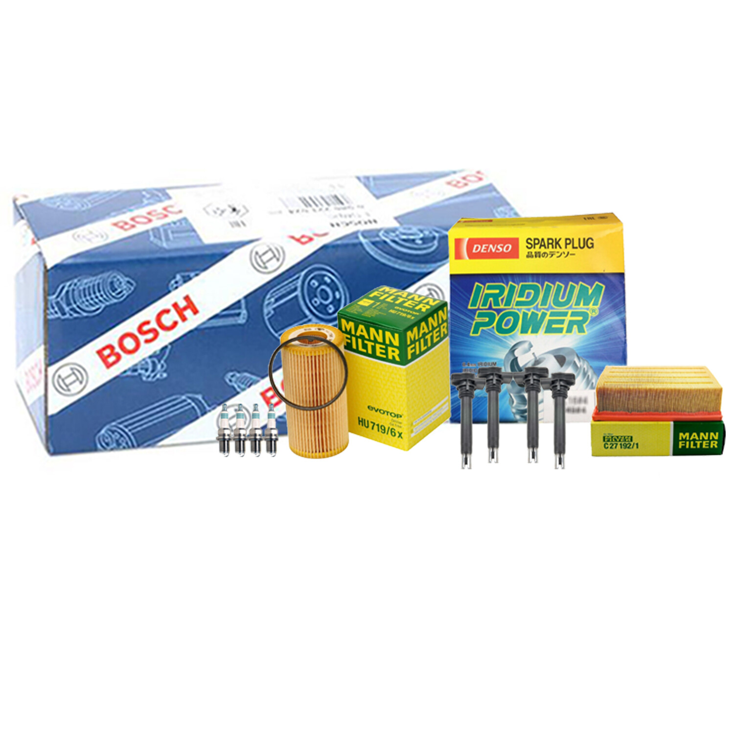 Mann Filters Bosch 4 Coils Denso 4 Iridium Power Spark Plugs TuneUp Kit For Audi
