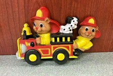 Vintage Bear Firemen Metal Wall Hanging, Decor Kids Room Firetruck Dalmatian