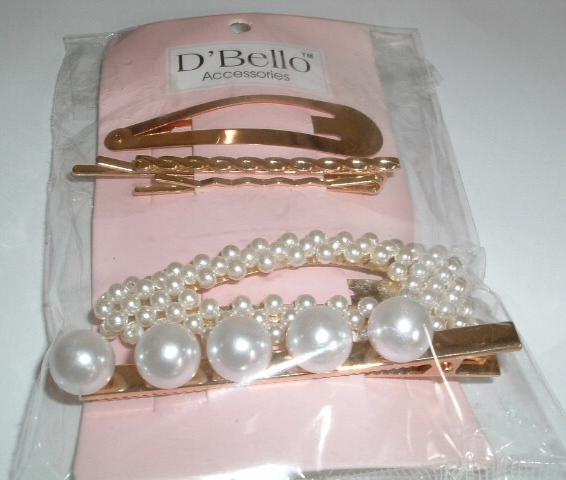 D'Bello Gold and White Pearl Bobby Pins and Hair Clips New w Tag