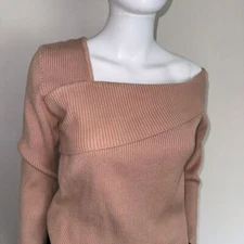 Anrabess Asymmetric Ribbed Folded Shoulder Pullover Sweater in Tan Size Large