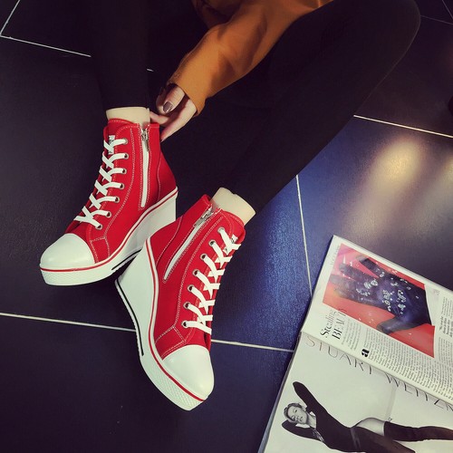 Canvas shoes Comfy Wedge heels Sporty Sneakers Ankle Boots Lace Up Women 35-43 - Picture 4 of 57